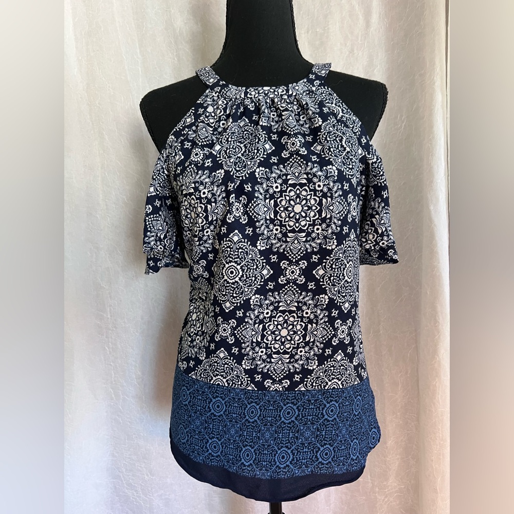 Navy & white cold shoulder fun patterned top